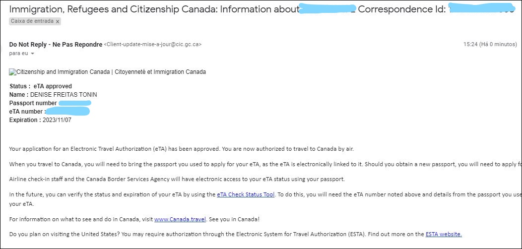 Como solicitar o eTA para entrada no Canadá Email Aprovação
